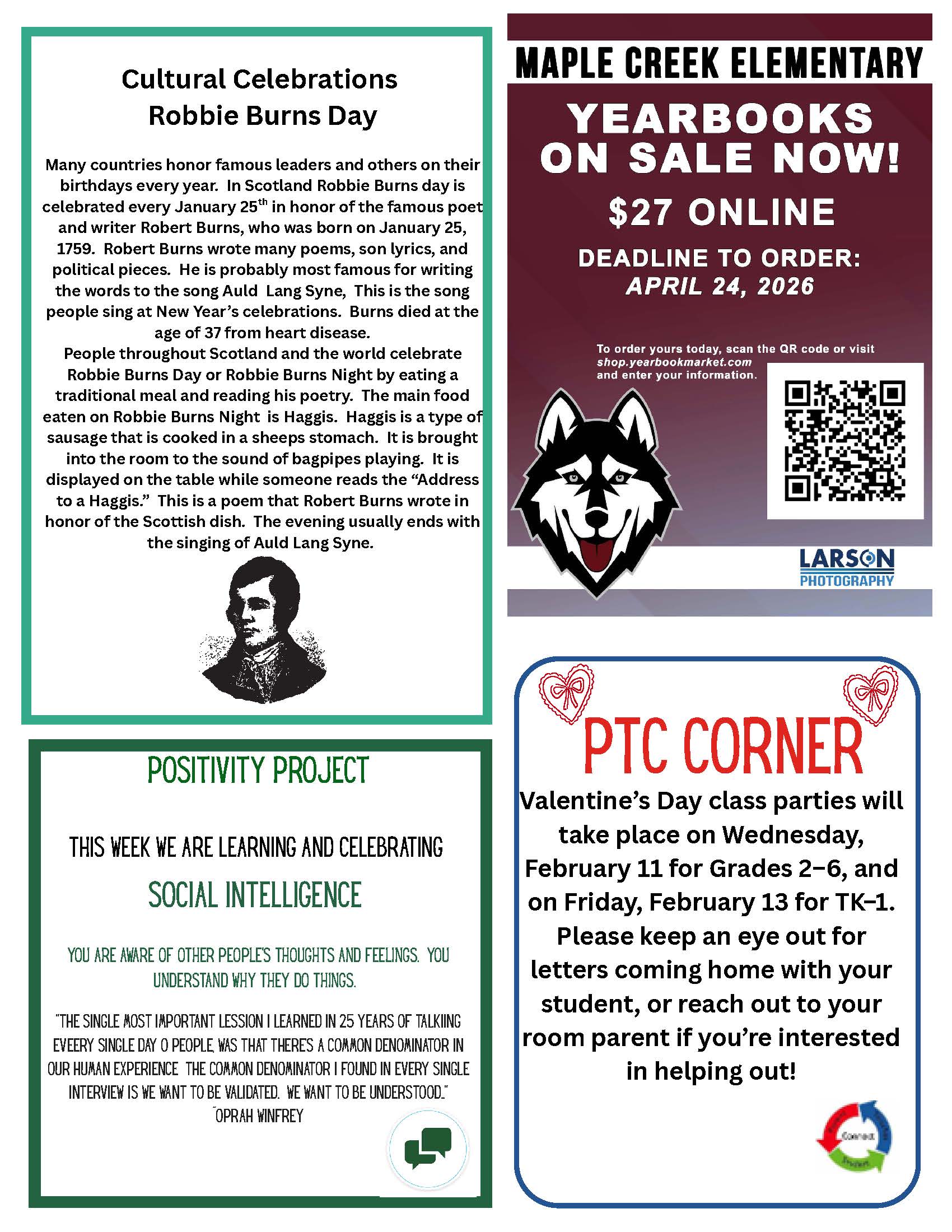 Maple Creek Elementary announces yearbooks are on sale for $27 online, with a deadline of April 24, 2026.