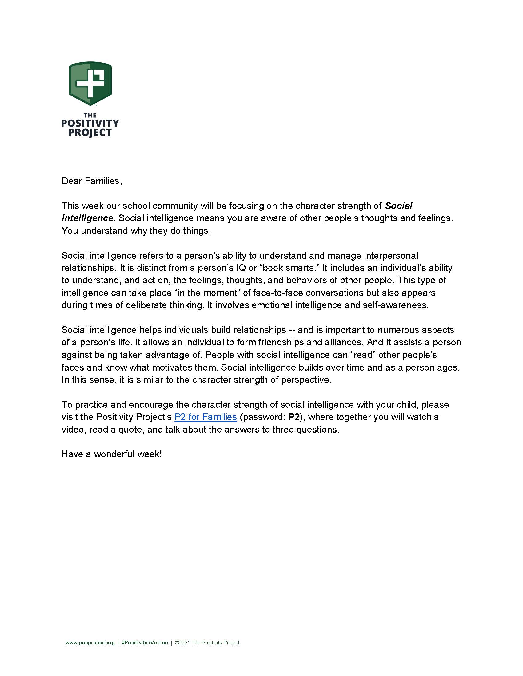 A letter from The Positivity Project discusses the character strength of Social Intelligence.