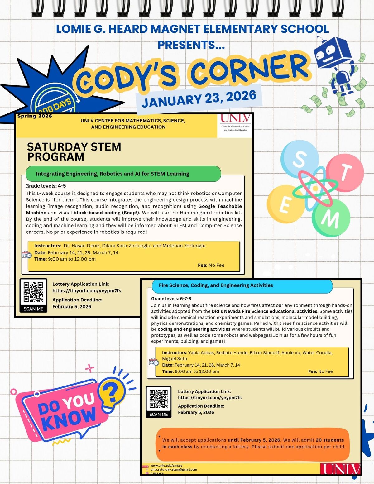 Poster announcing Lomie G. Heard Magnet Elementary School's "Cody's Corner" event on January 23, 2026, featuring Saturday STEM programs.