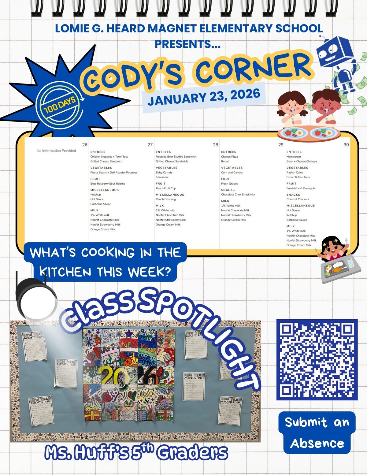 Lomie G. Heard Magnet Elementary School presents 'Cody's Corner' menu for January 23, 2026, featuring daily meal options.