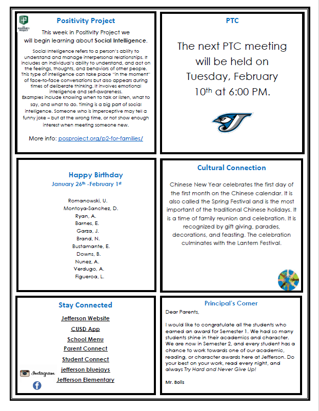 A newsletter with sections on Positivity Project, PTC meeting, birthdays, Cultural Connection, Stay Connected, and Principal's Corner.