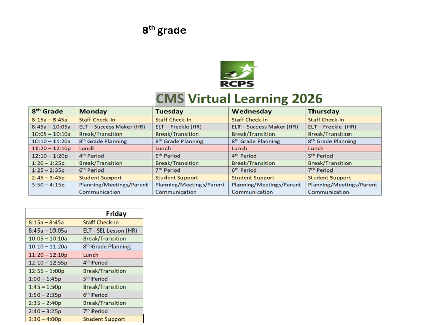 A schedule for 8th grade virtual learning in 2026, detailing daily activities from Monday to Thursday.