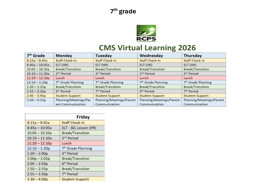 A 7th-grade virtual learning schedule for the week of 2026, detailing daily class periods and activities.