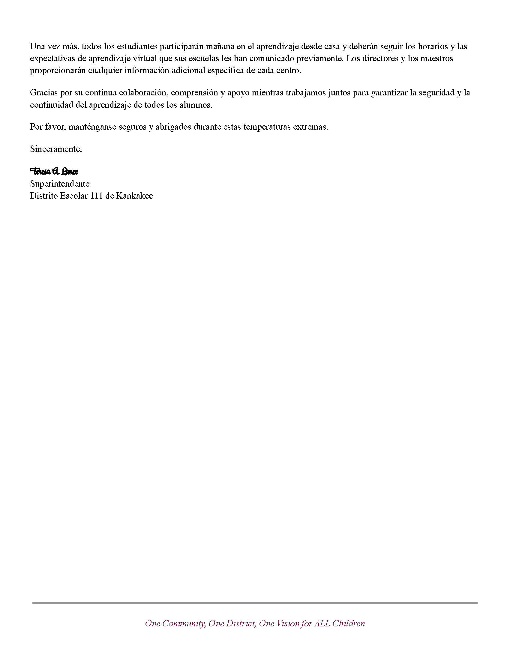 A letter from Teresa A. Lance, Superintendent of Kankakee School District 111, regarding virtual learning and student safety.
