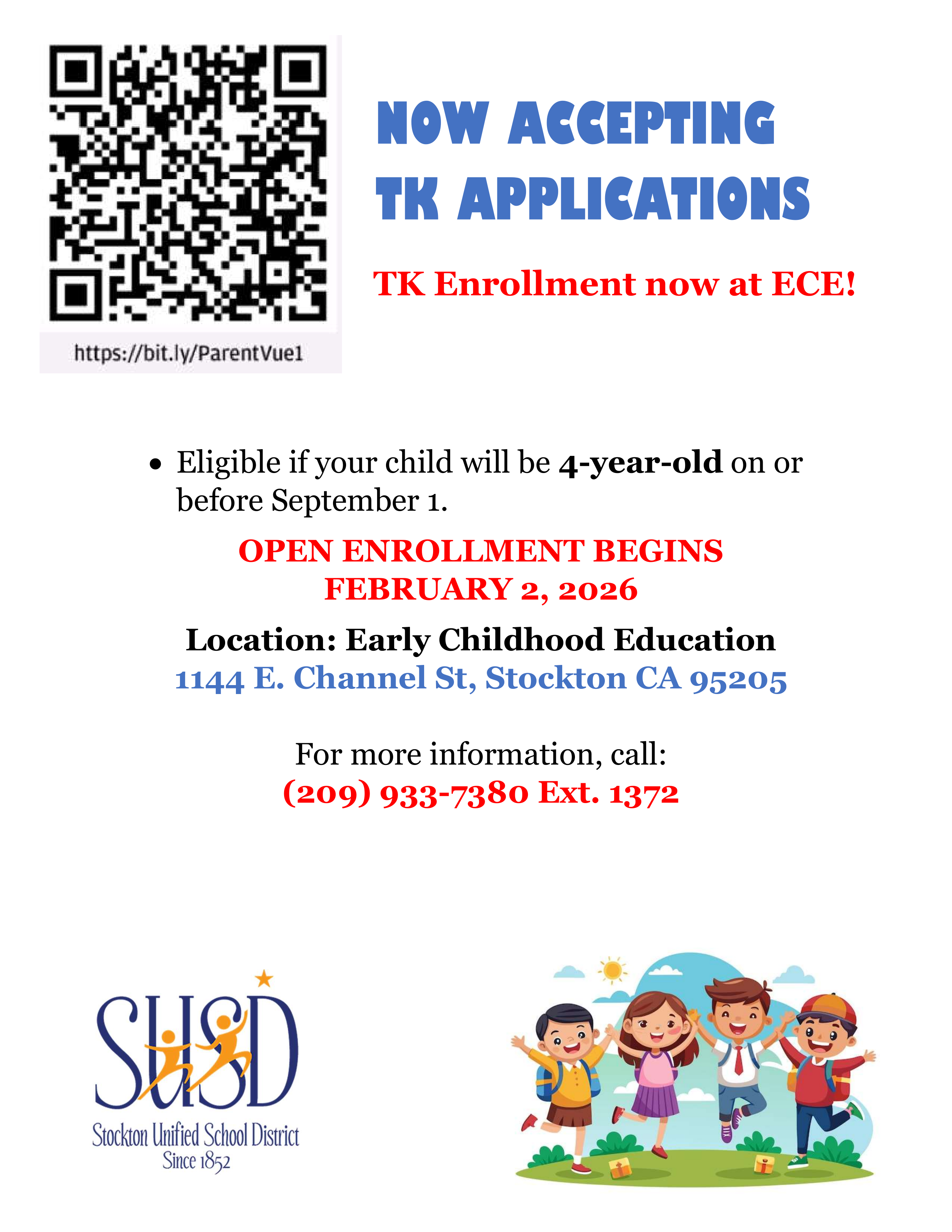 Announcement for TK applications being accepted by Stockton Unified School District (SUSD) with enrollment starting February 2, 2026.