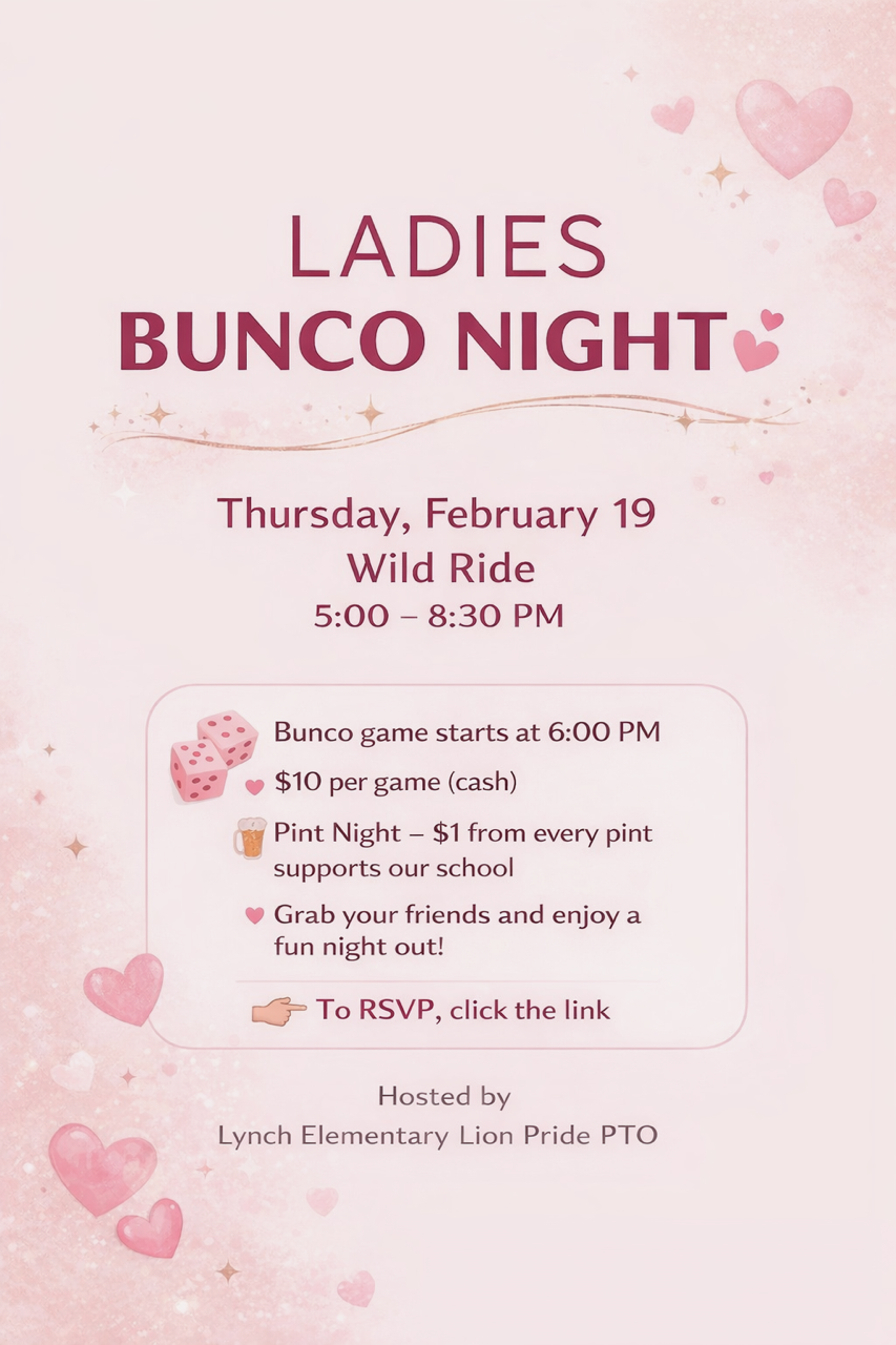 Invitation for Ladies Bunco Night on Thursday, February 19, from 5:00-8:30 PM at Wild Ride.