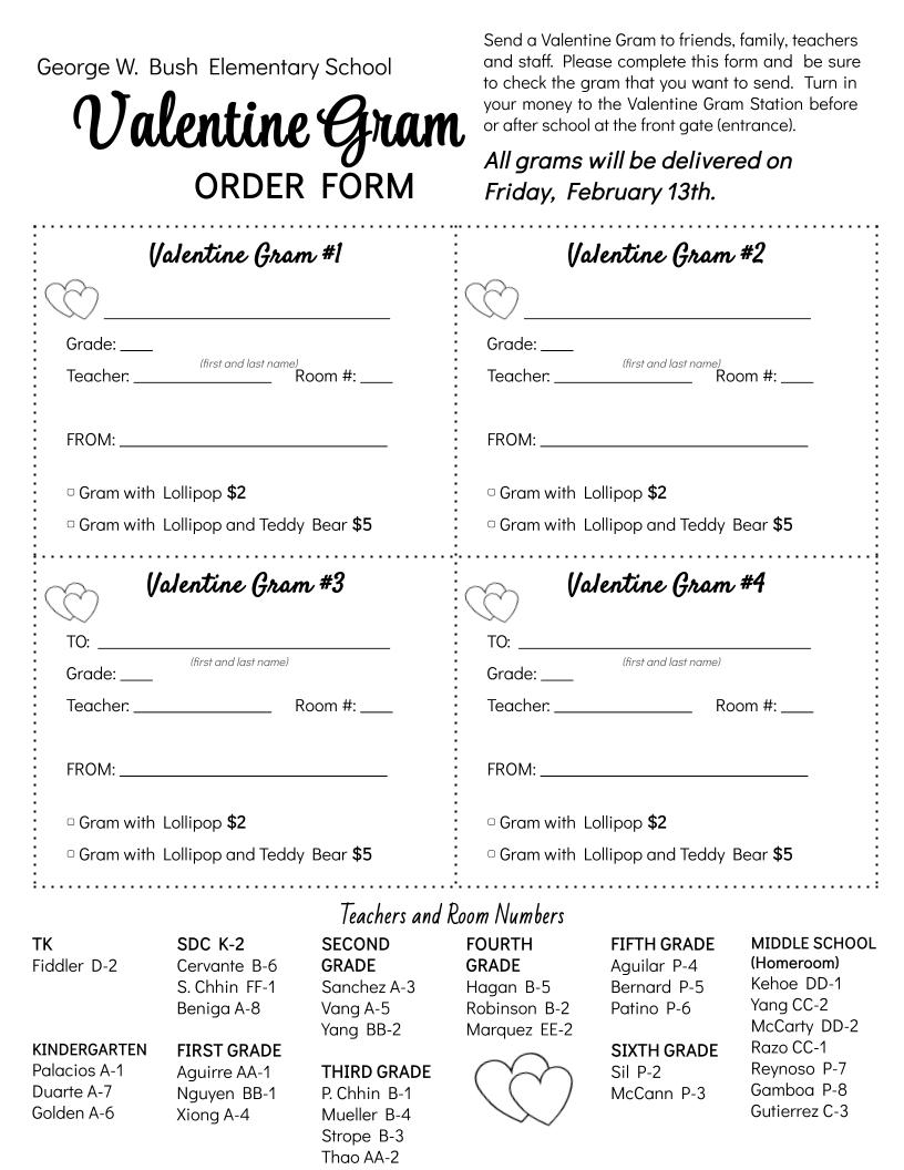 Order form for Valentine Grams from George W. Bush Elementary School, detailing options and prices.
