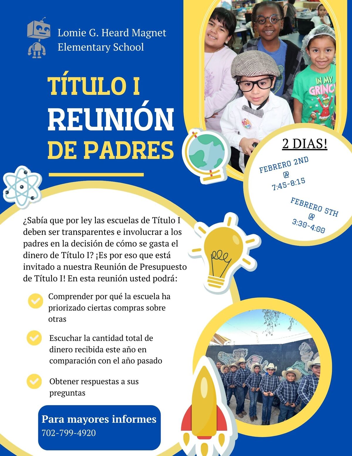 Lomie G. Heard Magnet Elementary School announces a Title I Parent Meeting with dates and times listed.