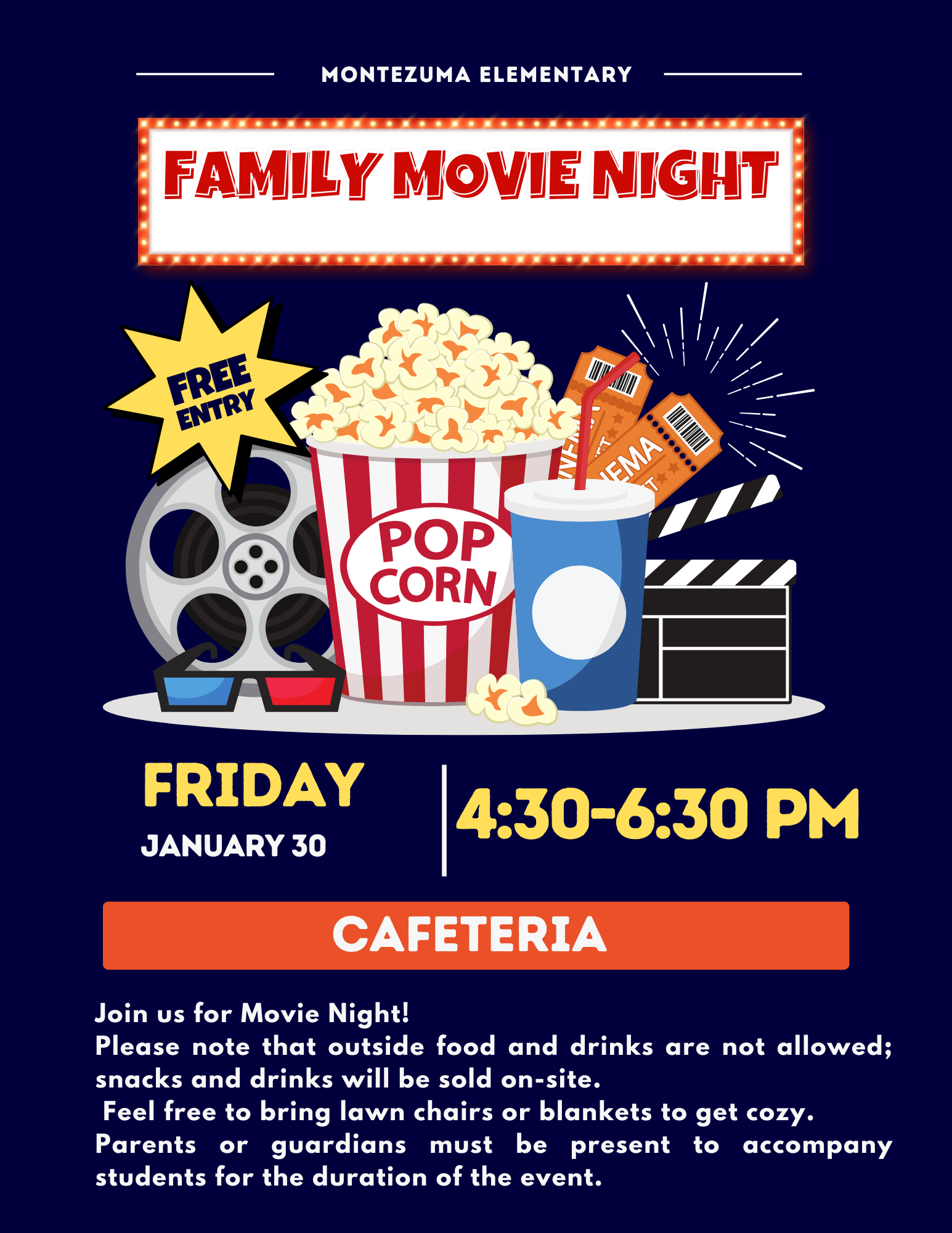 Montezuma Elementary Family Movie Night poster with popcorn, movie tickets, and 3D glasses.