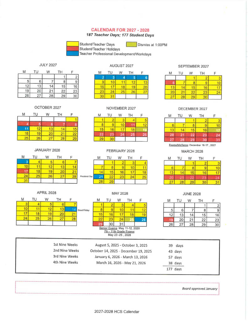 2027-2028 academic calendar showing monthly breakdowns with key dates and holidays.
