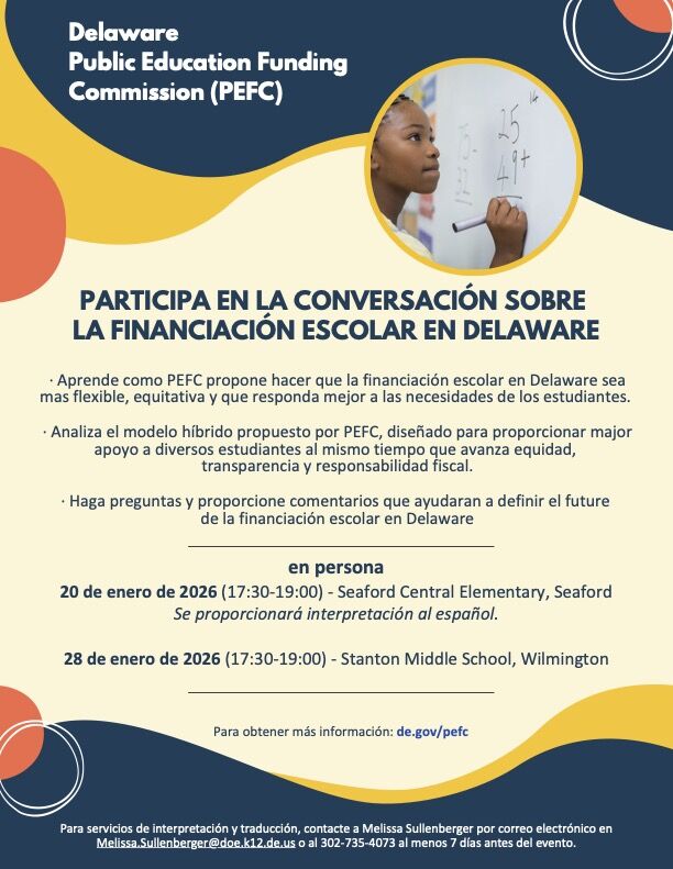 Poster for the Delaware Public Education Funding Commission (PEFC) inviting participation in a conversation about school funding.