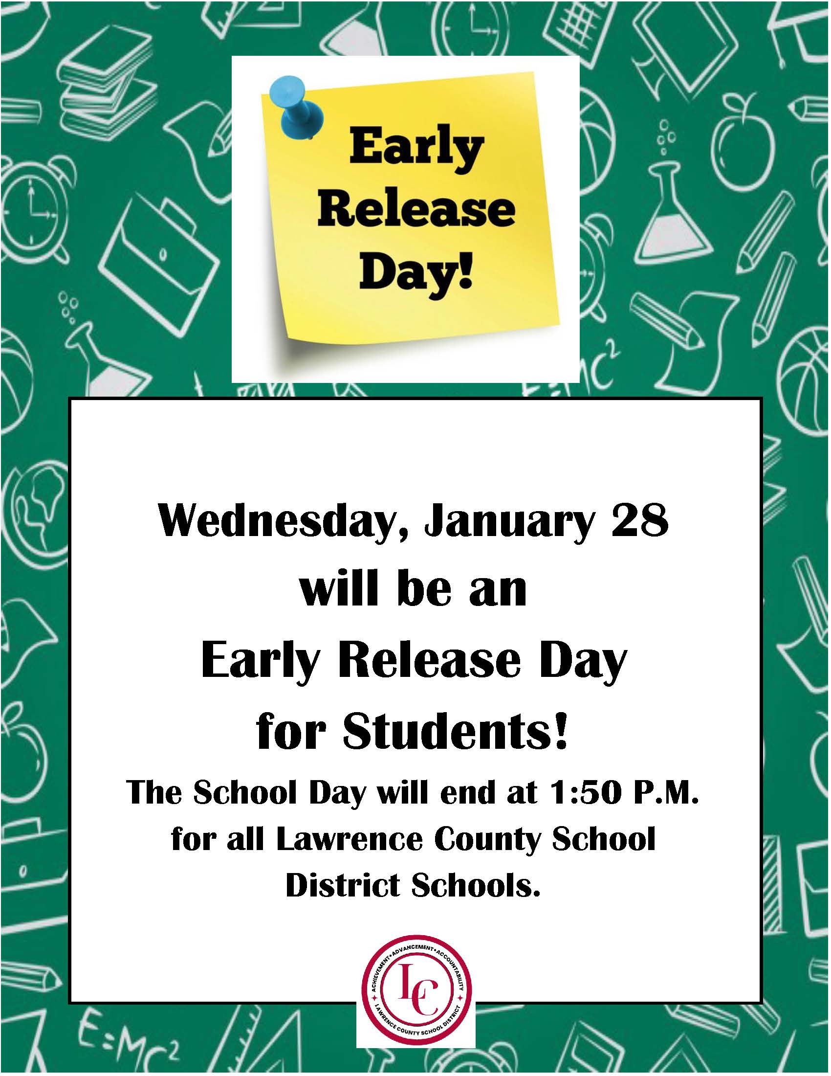 A yellow sticky note on a green chalkboard background announces 'Early Release Day!'.