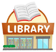 An illustration of a library building with the word 'LIBRARY' above the entrance.