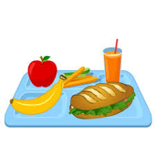 A blue lunch tray holds a sandwich, banana, apple, vegetable sticks, and a glass of orange juice with a straw.
