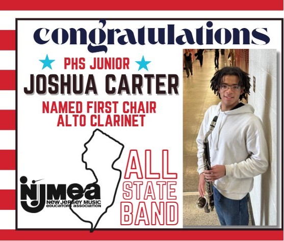 Joshua Carter, a PHS Junior, is congratulated for being named First Chair Alto Clarinet in the All State Band.