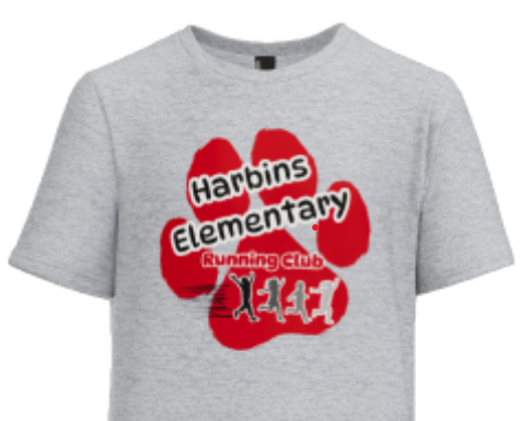 Gray t-shirt with tiger paw, "Running Club" and silhouettes of children running are also shown