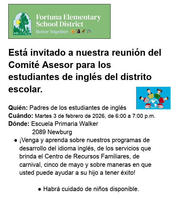 Invitation to a Fortuna Elementary School District meeting for English language learners' advisory committee.