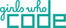 The text 'girls who code' is displayed in teal lettering on a black background.