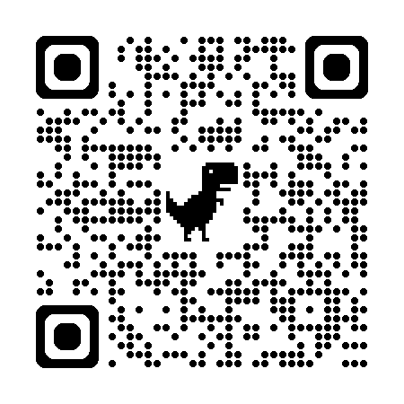 A black and white QR code with a pixelated dinosaur graphic in the center.