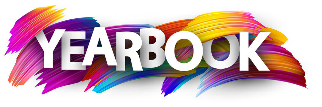 The word "YEARBOOK" in white letters against a background of colorful, abstract brushstrokes.