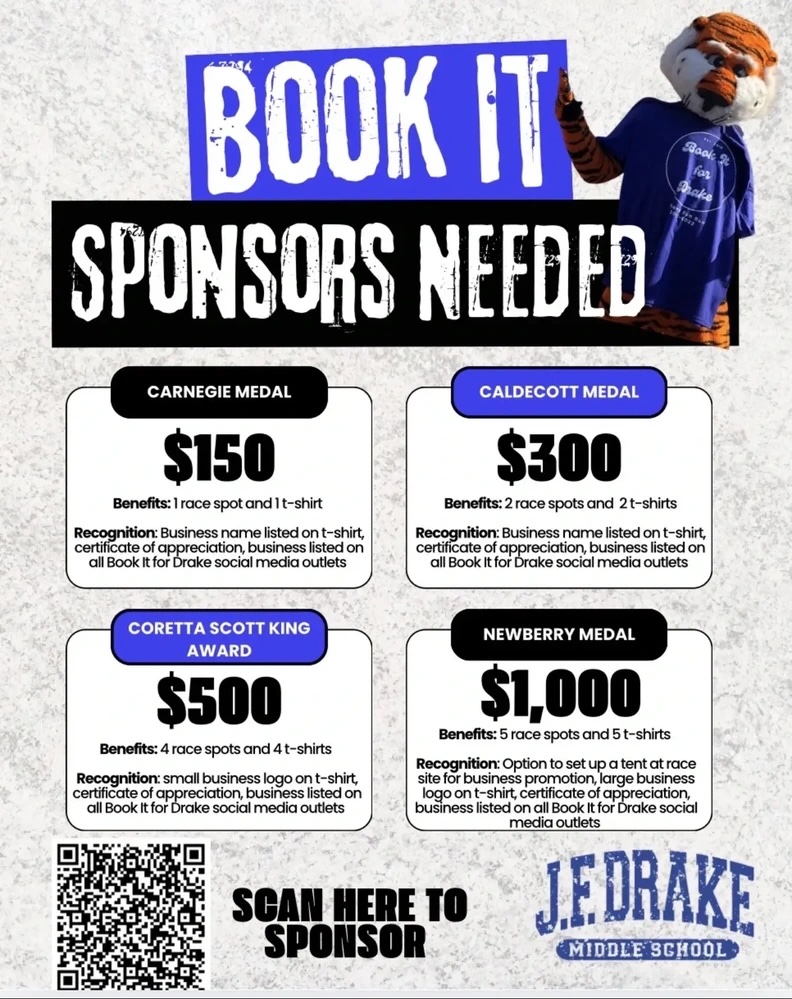 A tiger mascot in a blue 'Book It for Drake' t-shirt stands next to a sign stating 'BOOK IT SPONSORS NEEDED'.