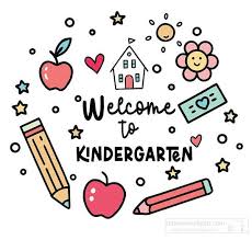A colorful illustration with the text 'Welcome to Kindergarten' surrounded by school-themed drawings.