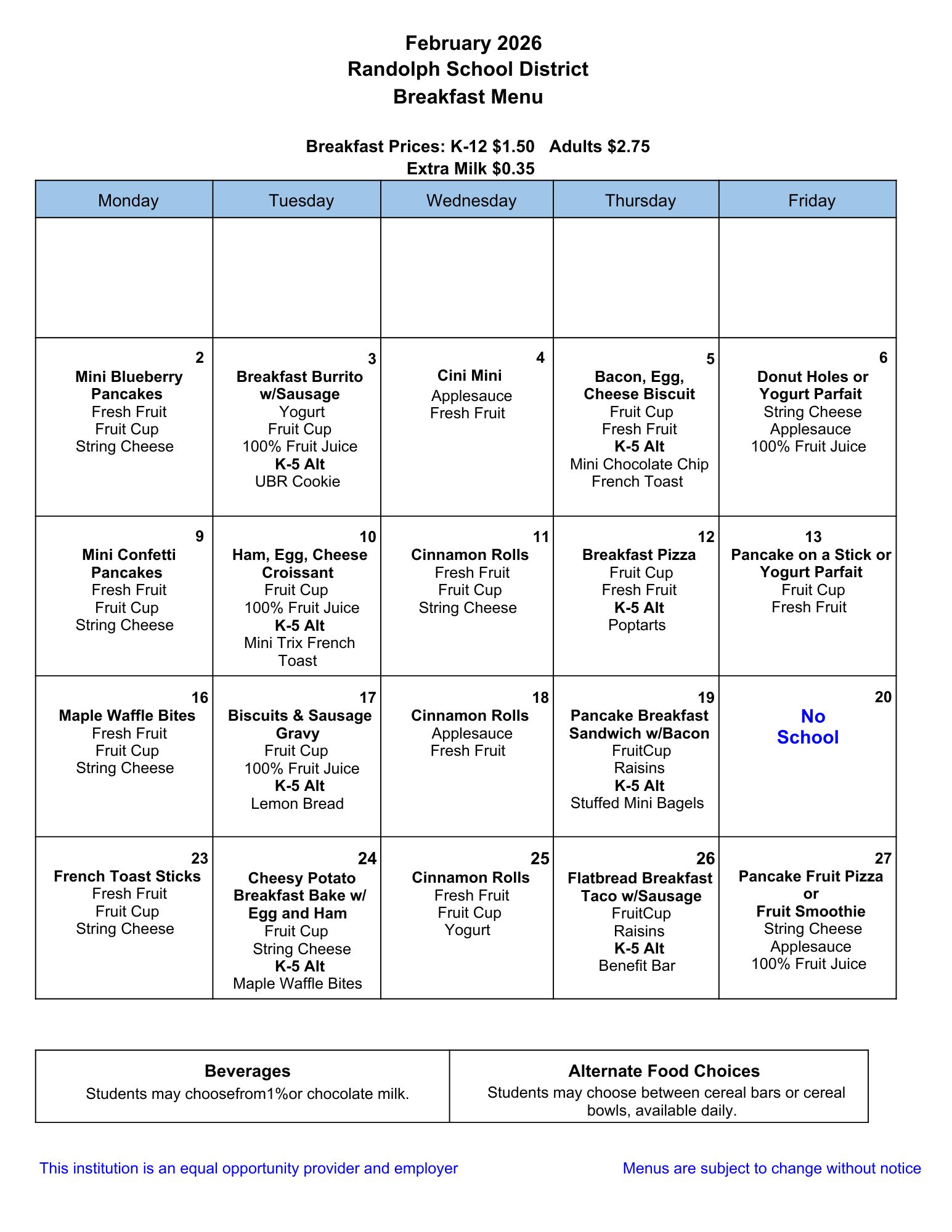February 2026 Randolph School District Breakfast Menu showing daily meal options.