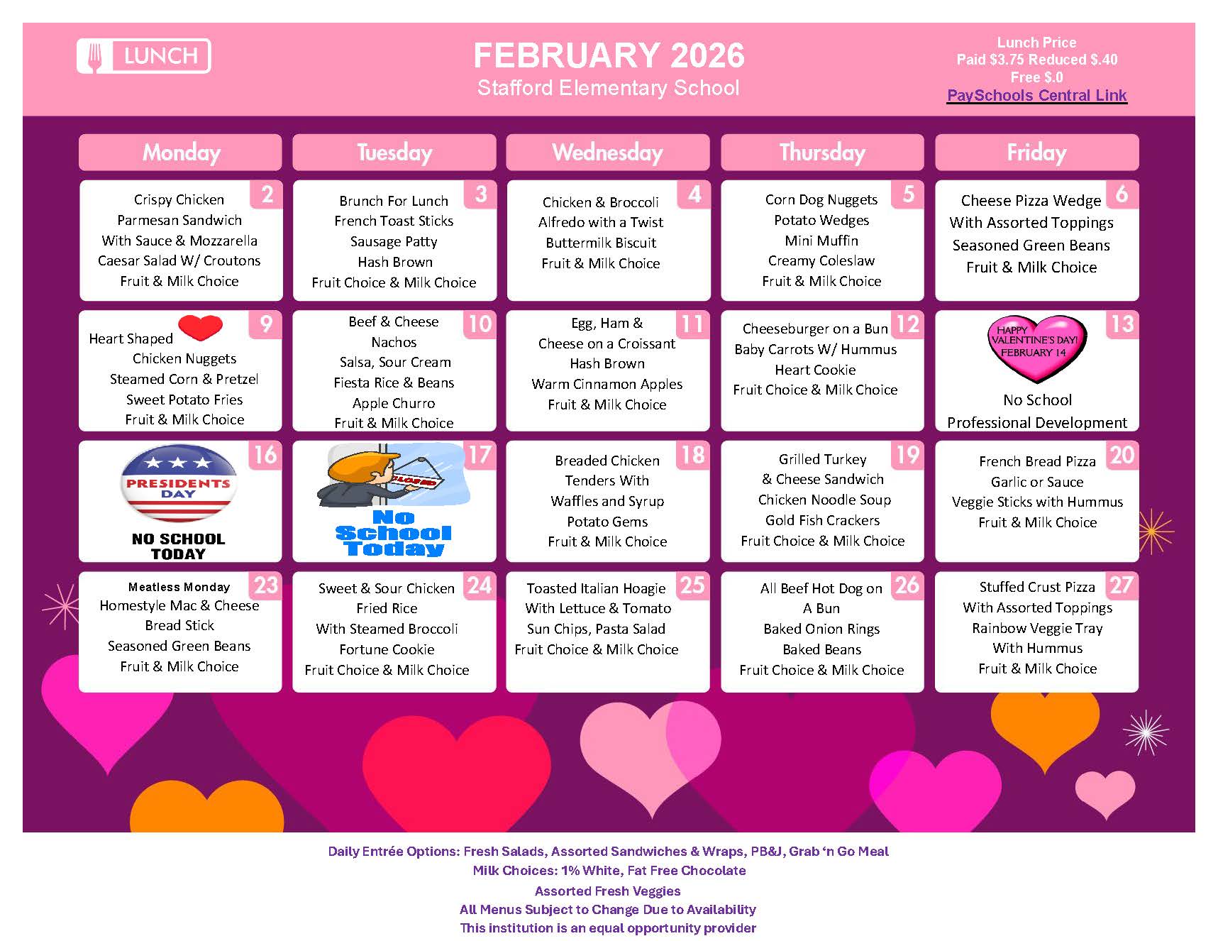 February 2026 lunch menu for Stafford Elementary School, showing daily meal options.
