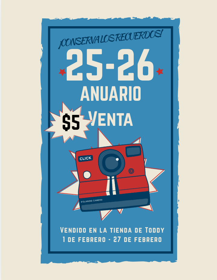 Poster advertising a yearbook sale for $5, featuring a vintage red Polaroid camera.