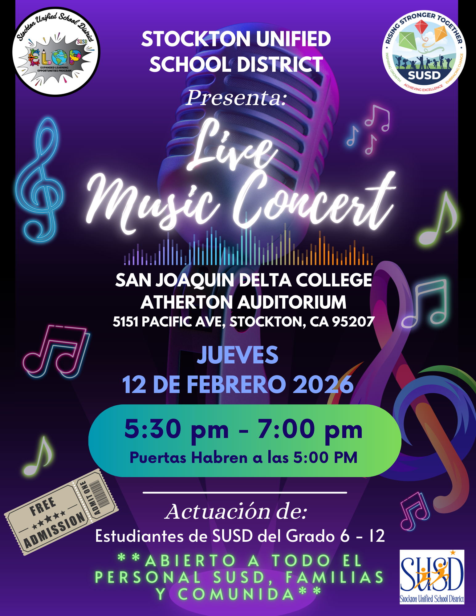 Poster for a Live Music Concert presented by Stockton Unified School District at San Joaquin Delta College Atherton Auditorium on February 12, 2026.
