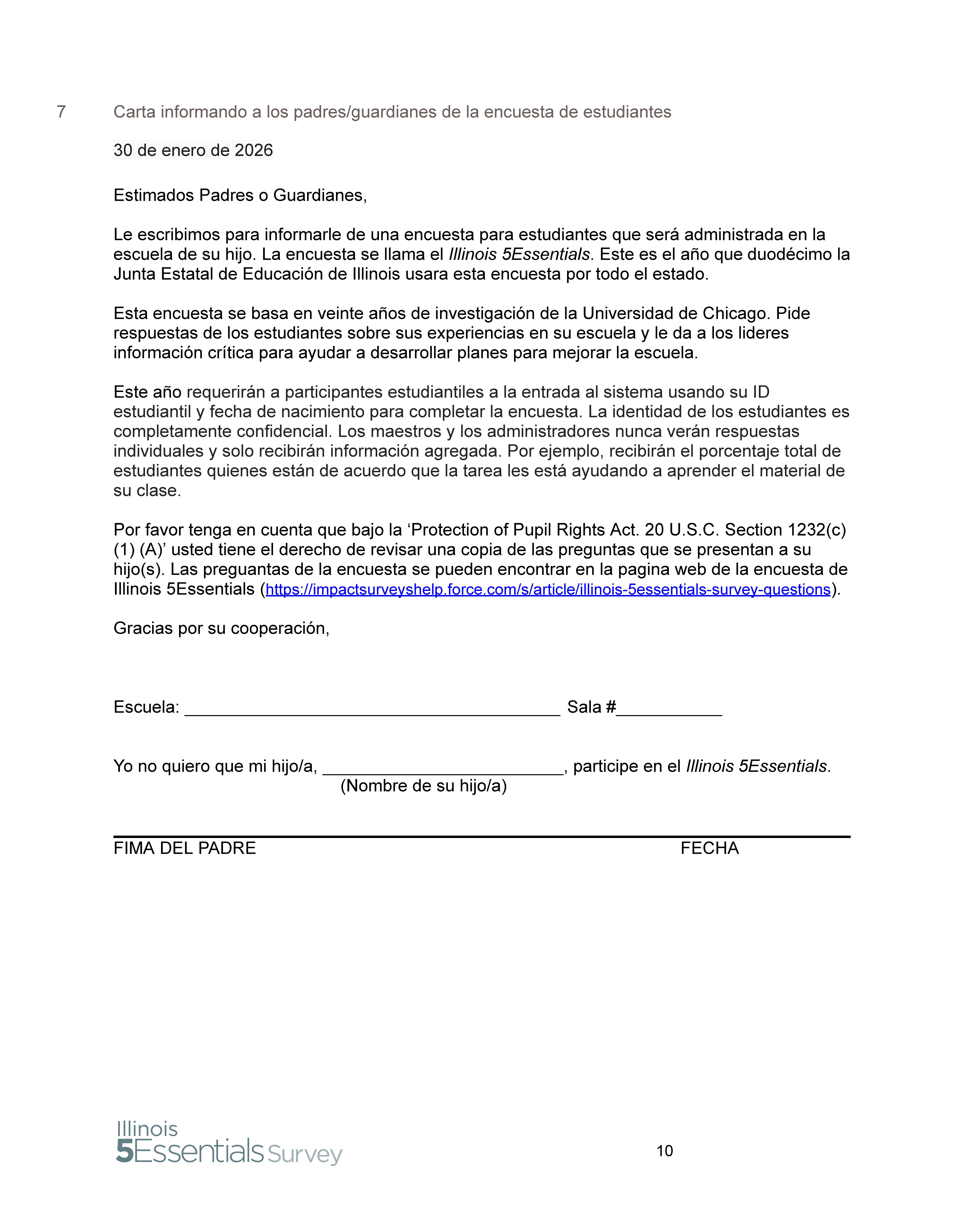 Letter dated January 30, 2026, informing parents/guardians about the Illinois 5Essentials student survey.