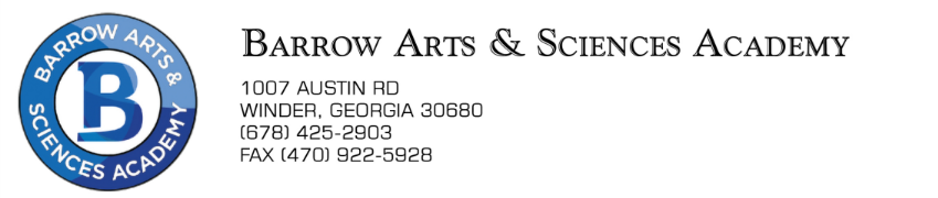 Logo and contact information for Barrow Arts & Sciences Academy.