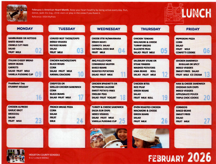 Houston County Schools 9-12 Lunch Menu for February 2026, featuring daily meal options.