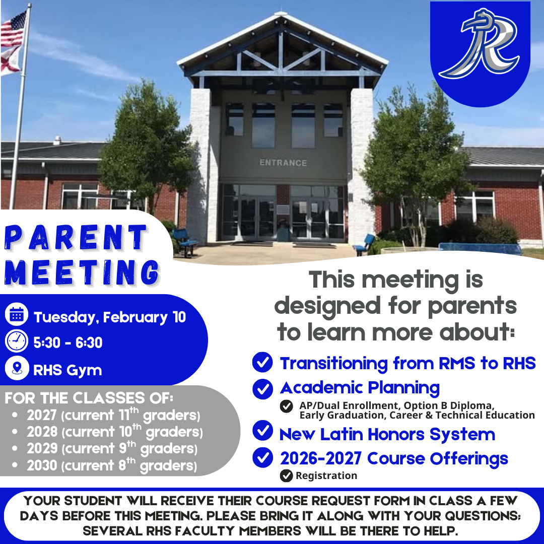 A flyer announces a Parent Meeting on Tuesday, February 10 from 5:30-6:30 PM in the RHS Gym.