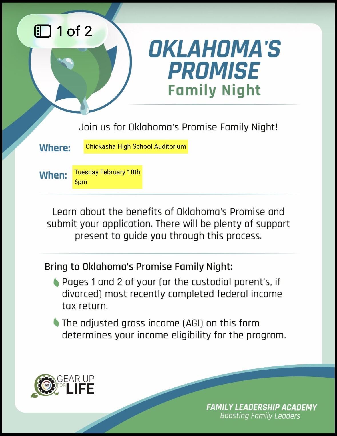 Oklahoma's Promise Family Night event flyer with details on location and time.