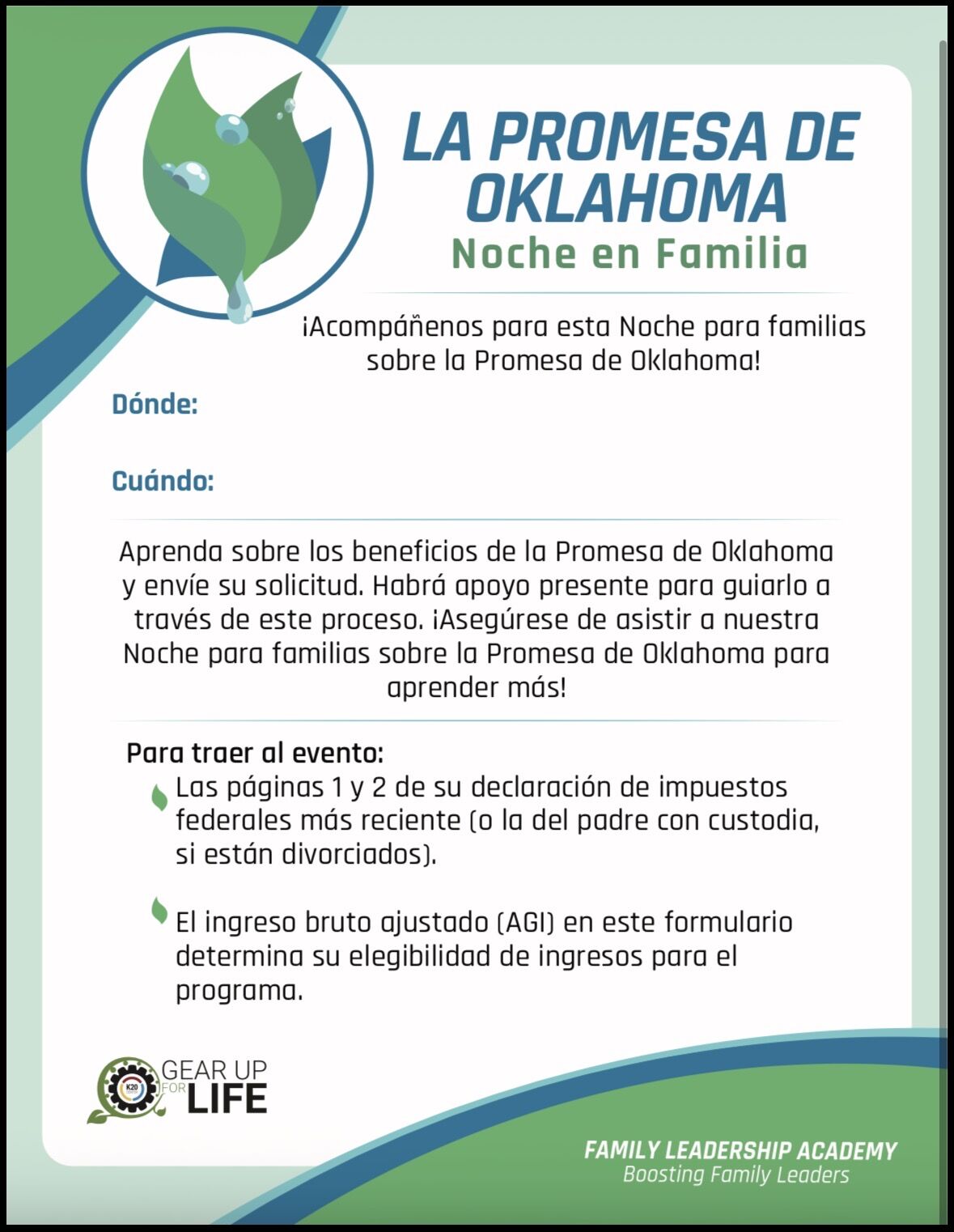 Poster for "La Promesa de Oklahoma Noche en Familia" event, inviting families to learn about the program.
