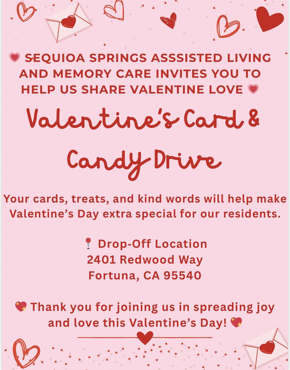Sequoia Springs Assisted Living and Memory Care hosts a Valentine's Card & Candy Drive to share love with residents.