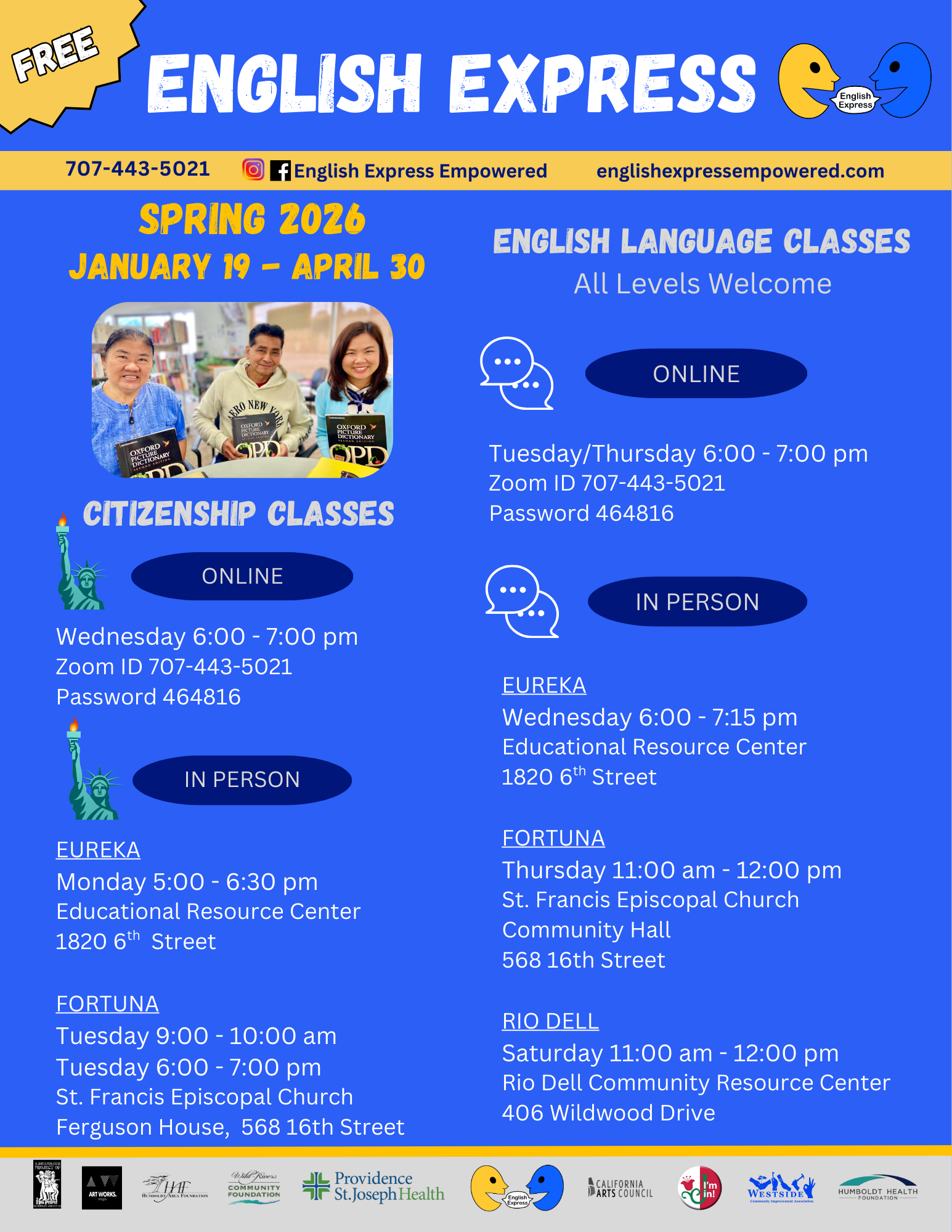 English Express offers free Spring 2026 classes from January 19 to April 30, including English language and citizenship classes.