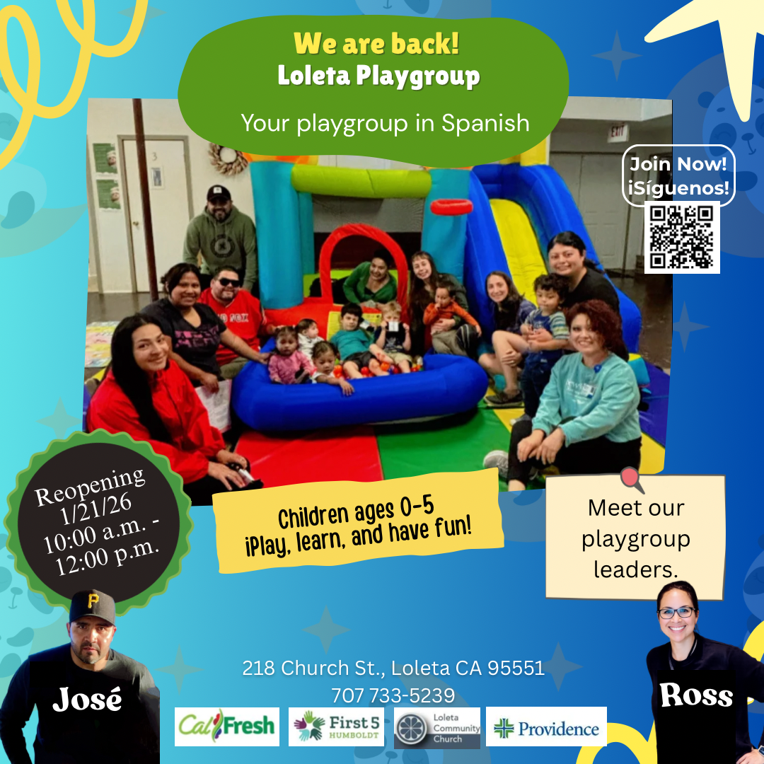 A group of adults and children are gathered around an inflatable play structure, with text announcing the Loleta Playgroup reopening.