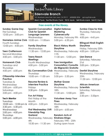 Edenvale Library Branch Programs and Community Events flyer