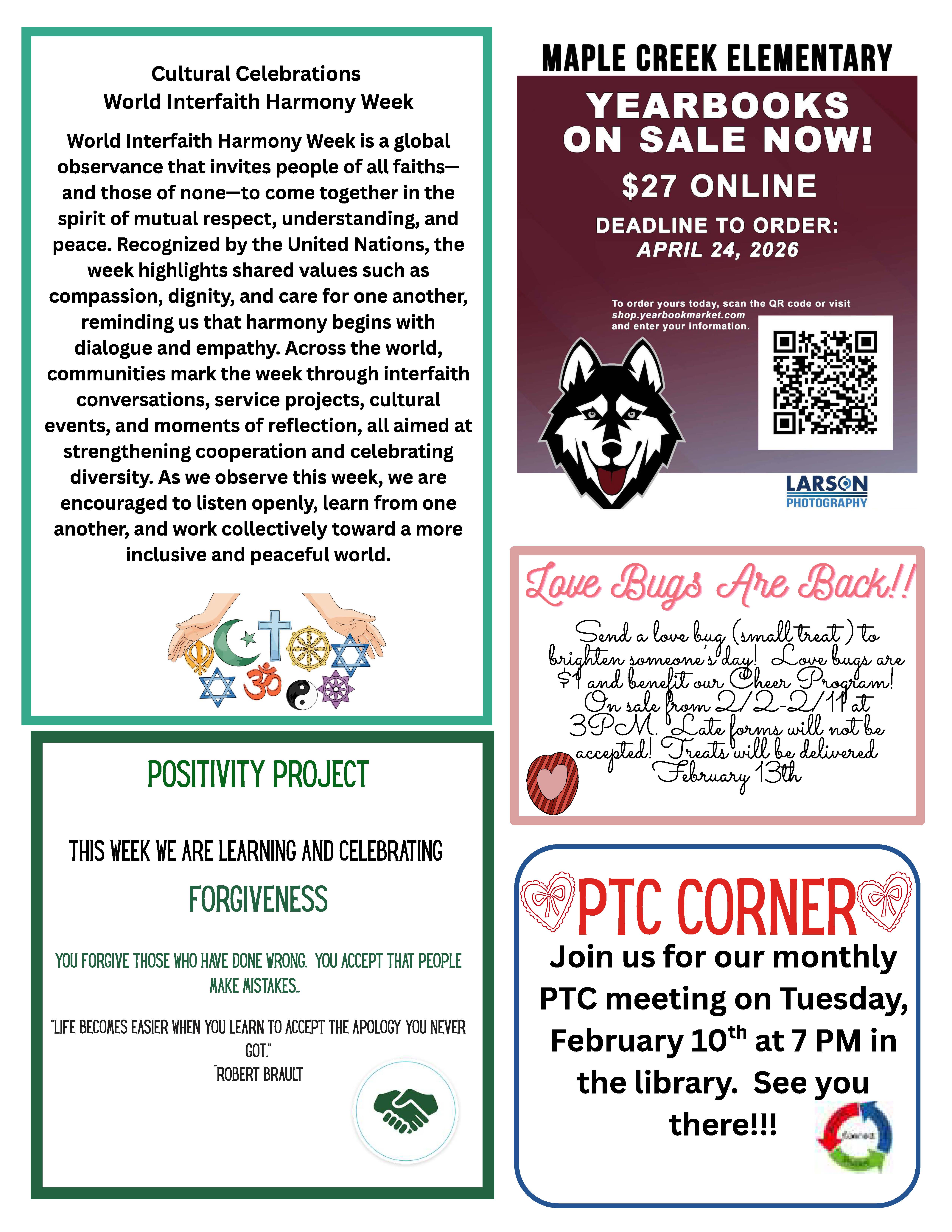 A flyer with information about World Interfaith Harmony Week, yearbook sales, a 'Love Bugs' fundraiser, and a PTC meeting.