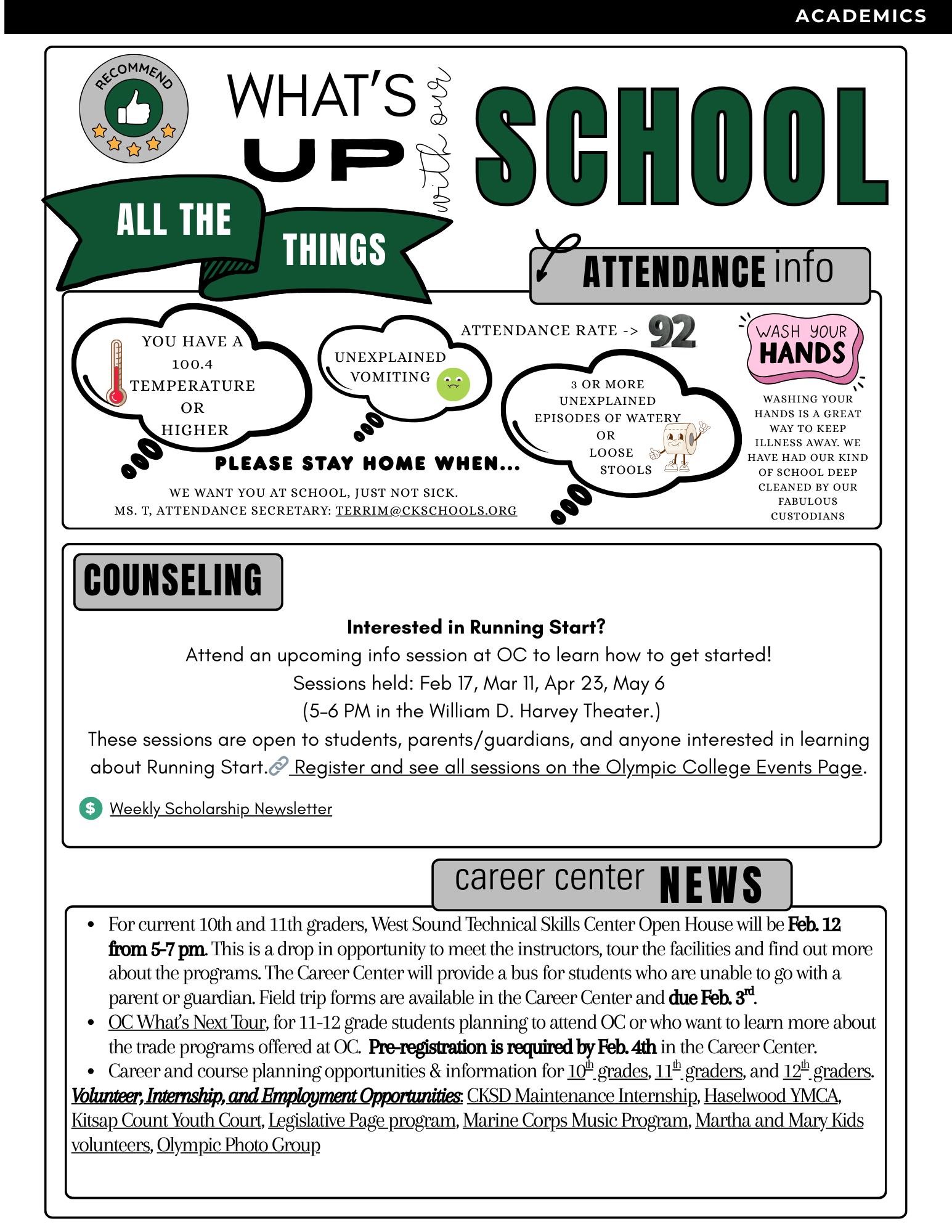 A graphic displays 'What's Up School' with sections on attendance, health guidelines, counseling, and career center news.
