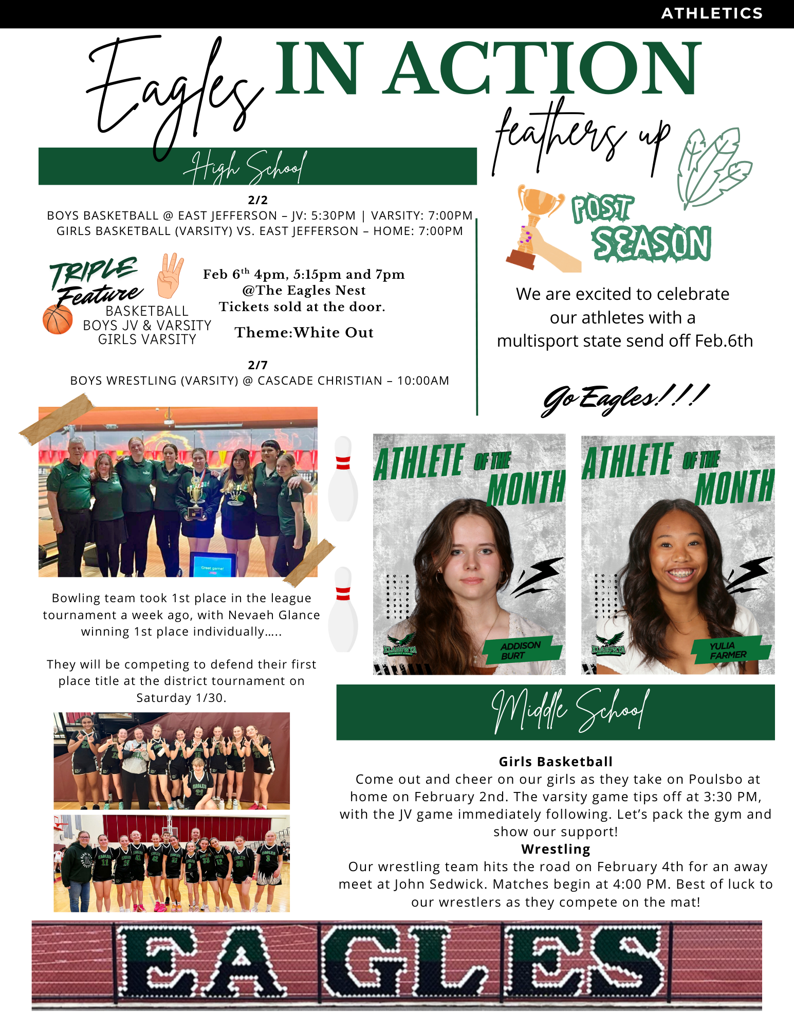 A flyer announcing high school sports events for the Eagles, including basketball and wrestling schedules.