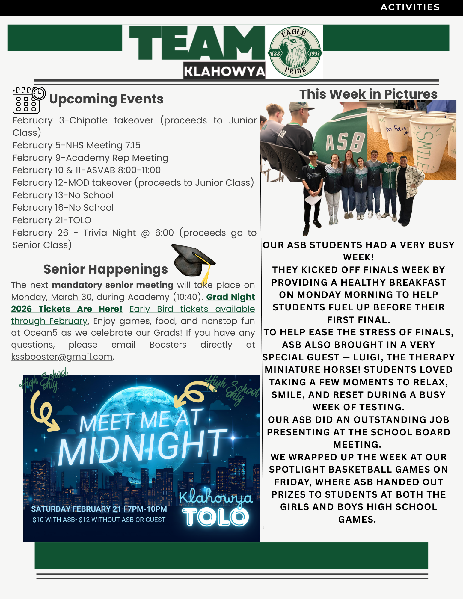 A newsletter page with sections for upcoming events, senior happenings, and a photo collage titled 'This Week in Pictures'.