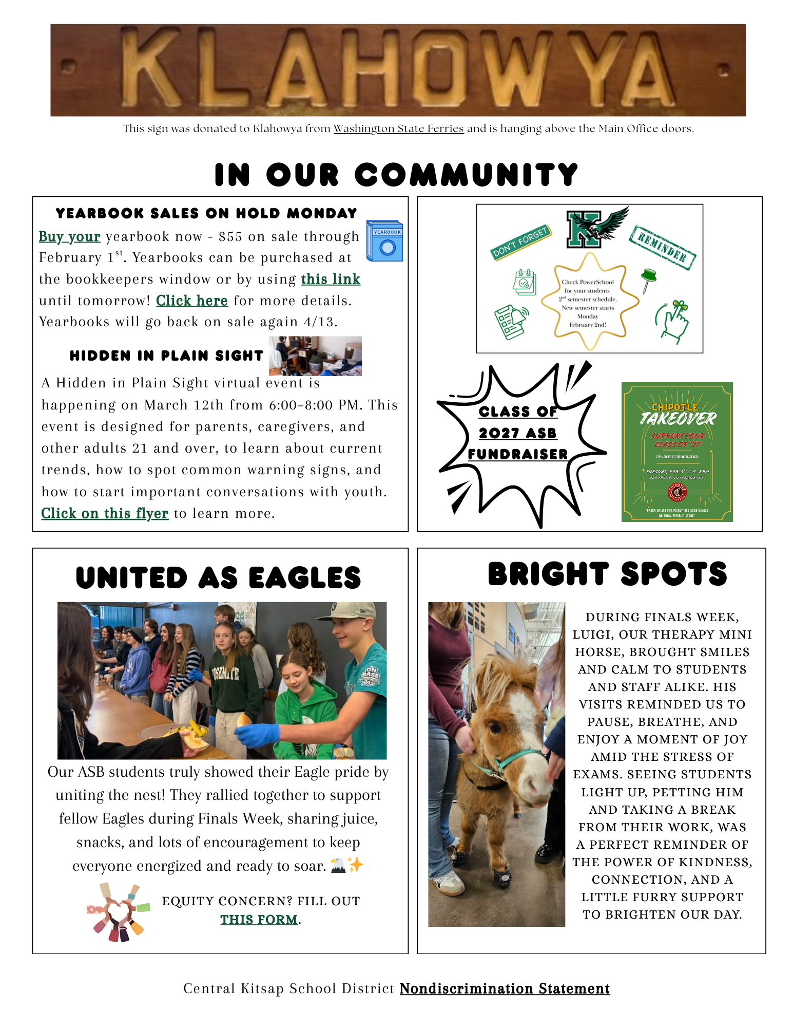 A sign with the word 'KLAHOWYA' in large wooden letters hangs above an office door.