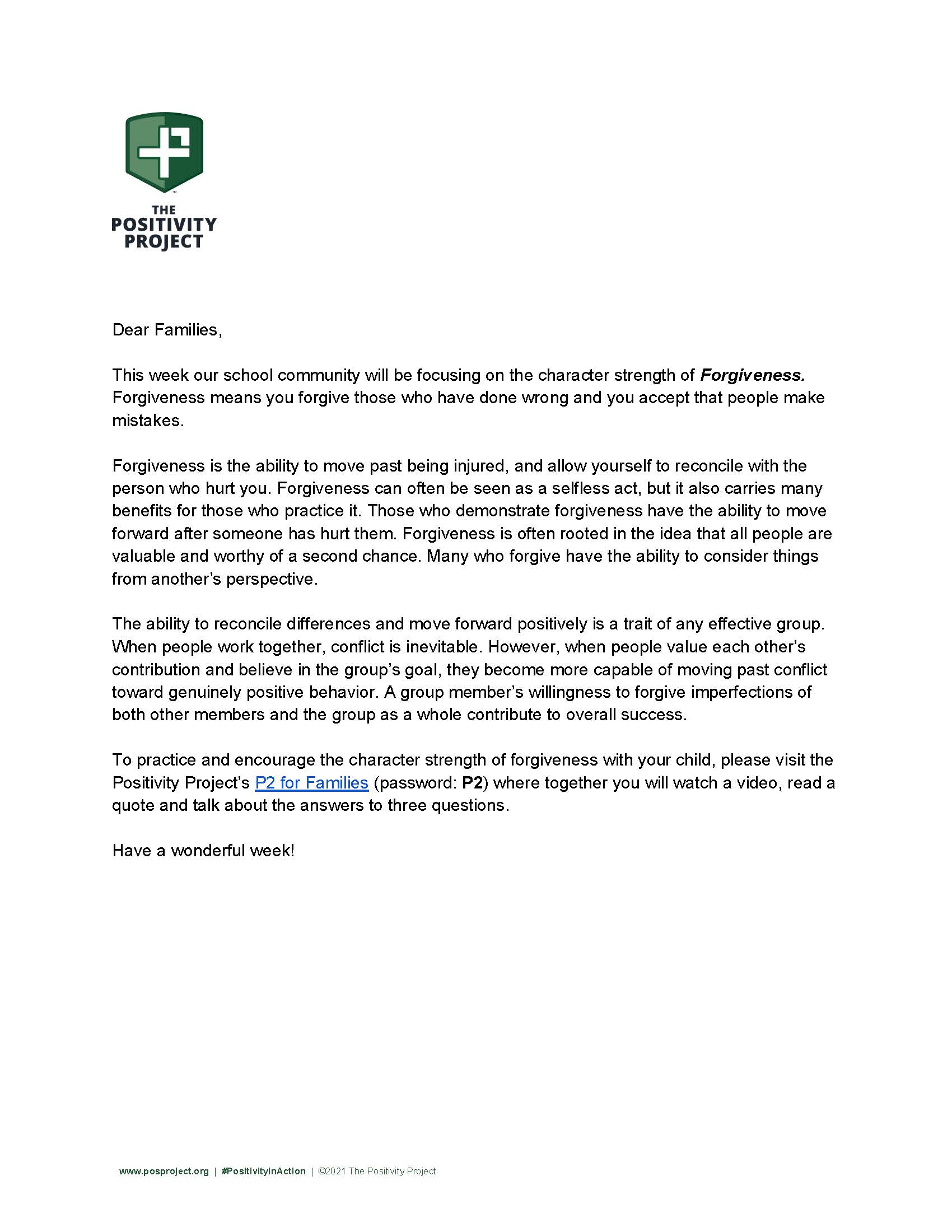 A letter from The Positivity Project discusses the character strength of Forgiveness for families.