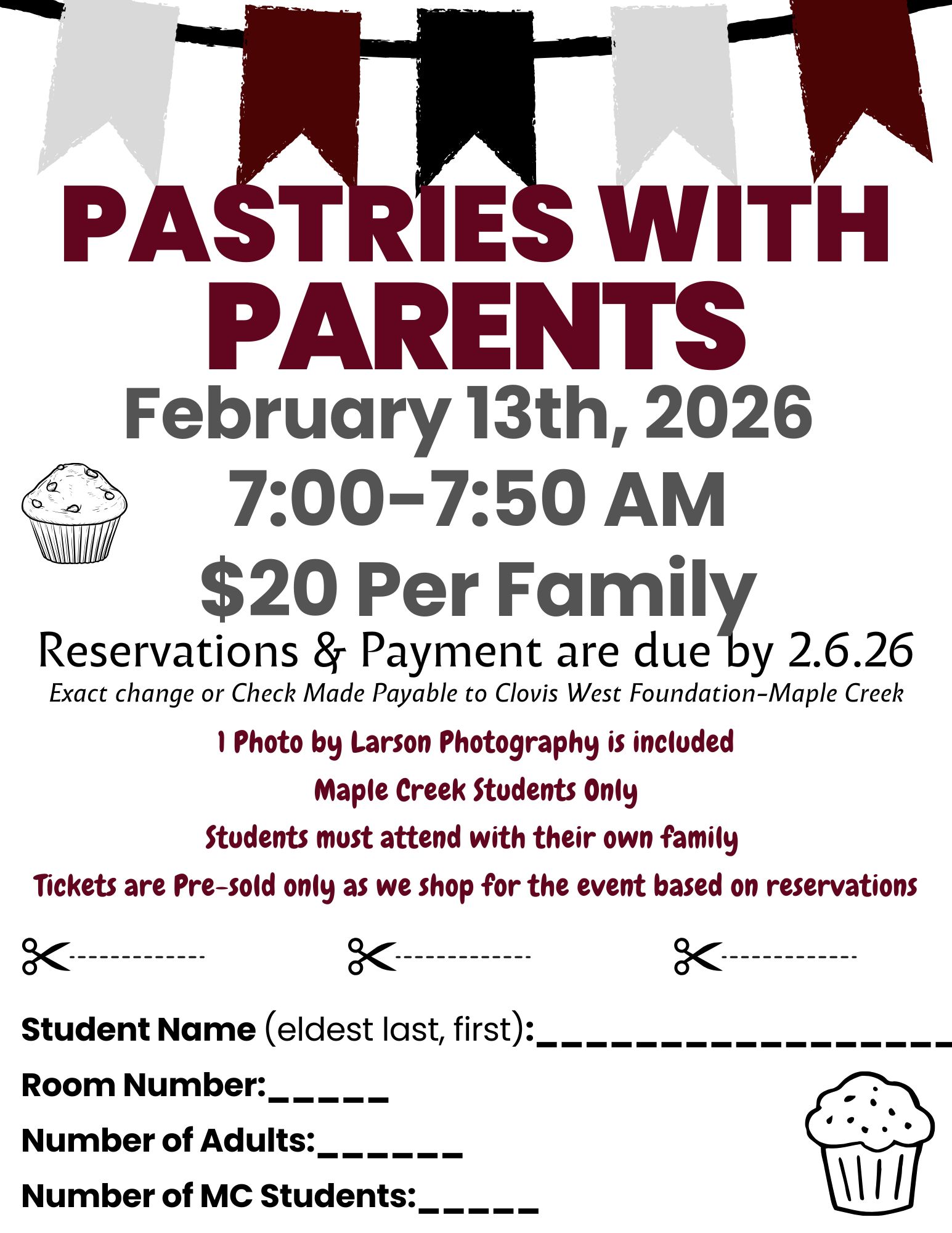 Event announcement for 'Pastries with Parents' on February 13, 2026, from 7:00-7:50 AM, costing $20 per family.