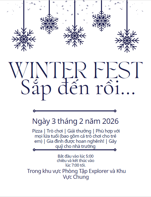 Poster announcing 'WINTER FEST' with hanging snowflakes and event details.