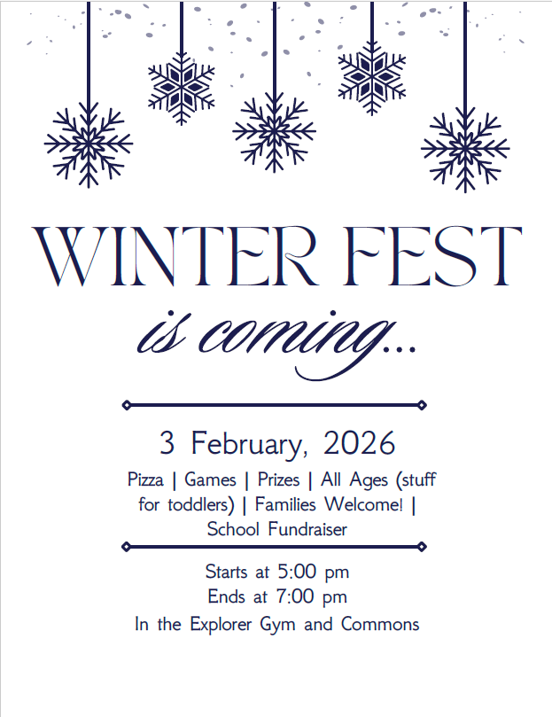 Poster announcing 'WINTER FEST is coming...' on February 3, 2026, featuring pizza, games, and prizes.