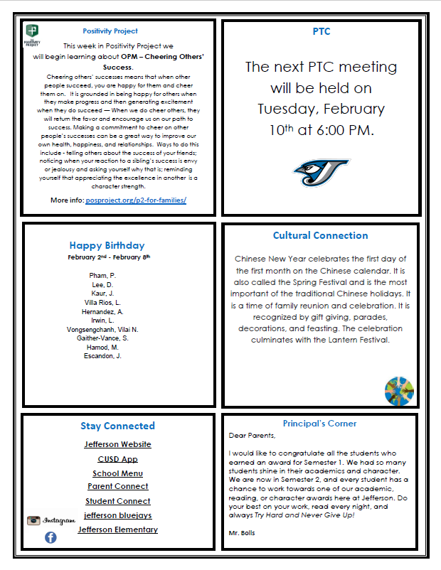 A newsletter with sections on Positivity Project, PTC meeting, birthdays, cultural connection, and principal's corner.